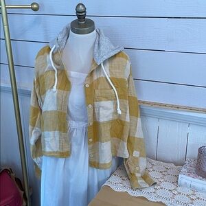 American Eagle cropped hoodie plaid Yellow and Gray Hooded Shirt